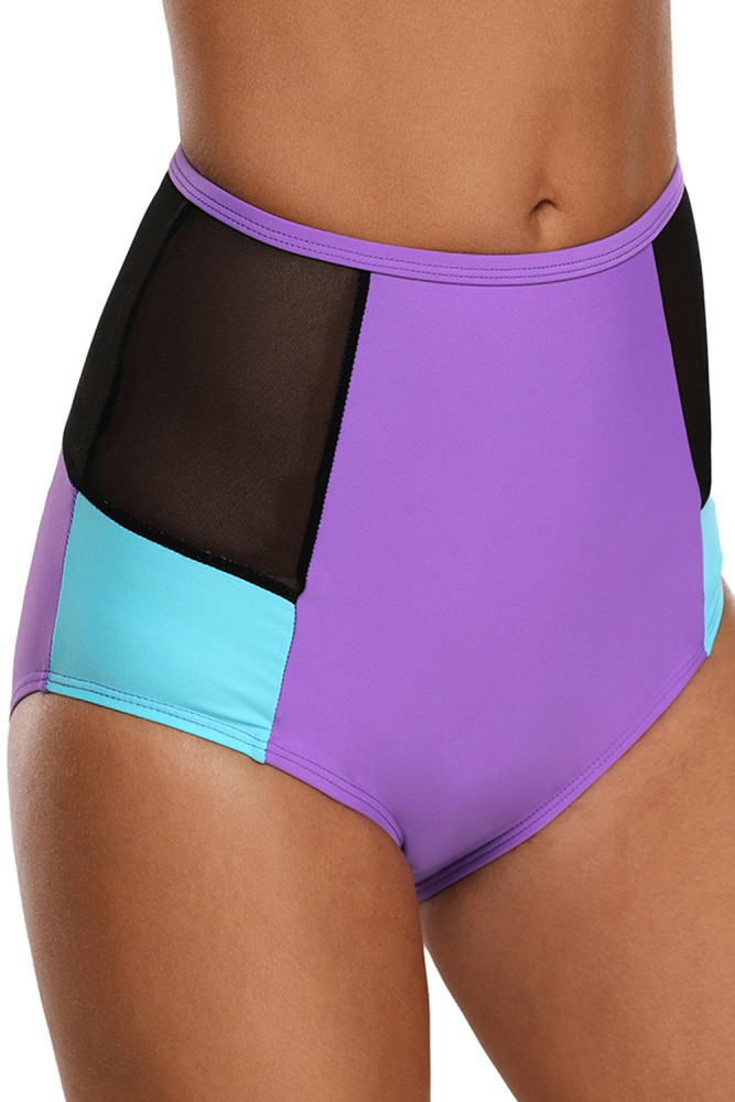 Purple Blue Color Block Mesh Insert Swim Bottom