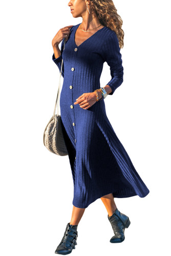 Blue Button Front Long Sleeve Ribbed Midi Dress