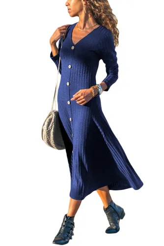 Blue Button Front Long Sleeve Ribbed Midi Dress