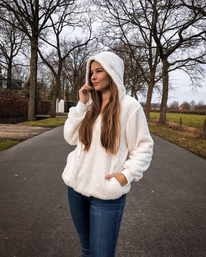 White Warm Furry Pullover Hoodie