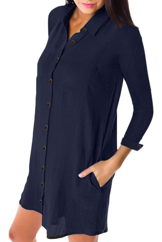 Navy Blue Long Sleeve Button Down Crepe Shirt Dress