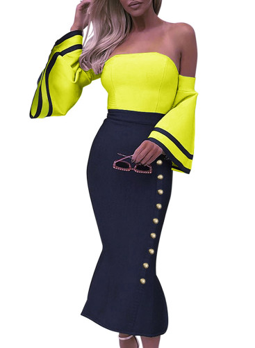 Yellow Flare Sleeve Button Bodycon Cocktail Party Dress