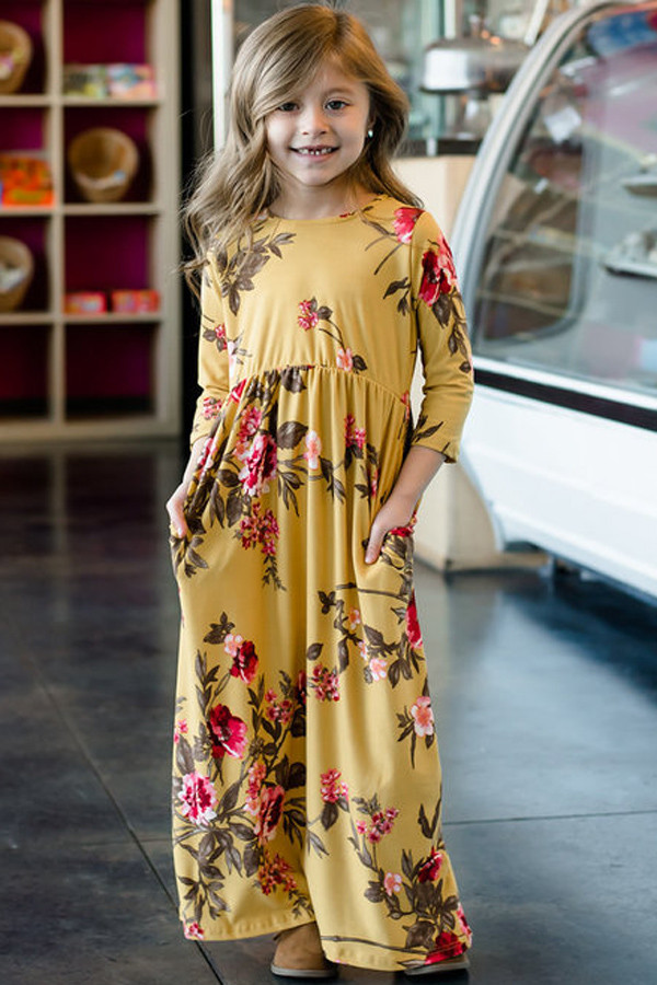 Mustard Floral Maxi Dress for Girls