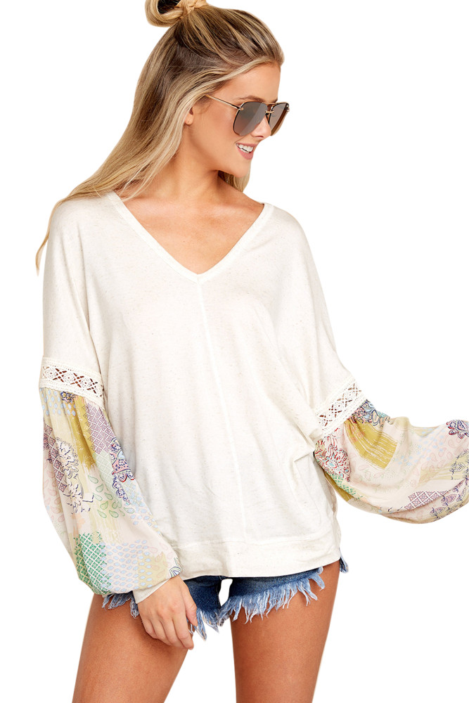 Printed Bubble Sleeve Splice White Tunic Top