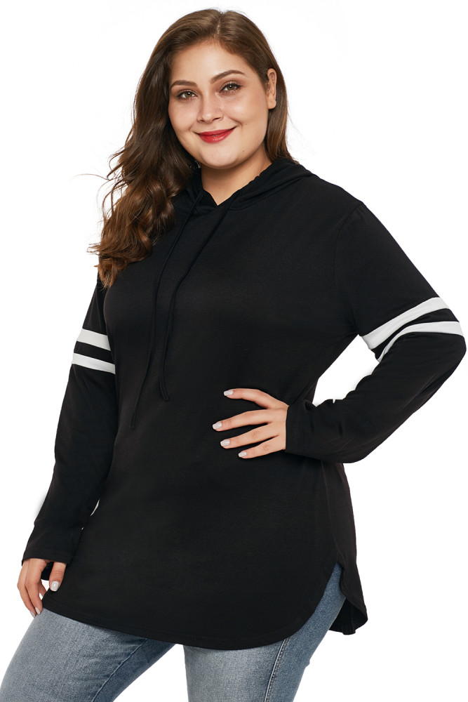 Black Plus Size Varsity Stripe Hooded Top