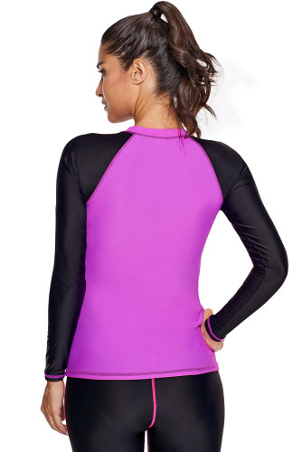 Fuchsia Black Colorblock Zip Down Rashguard Top