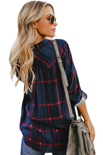 Navy Red Tricolor Plaid V Neck Blouse