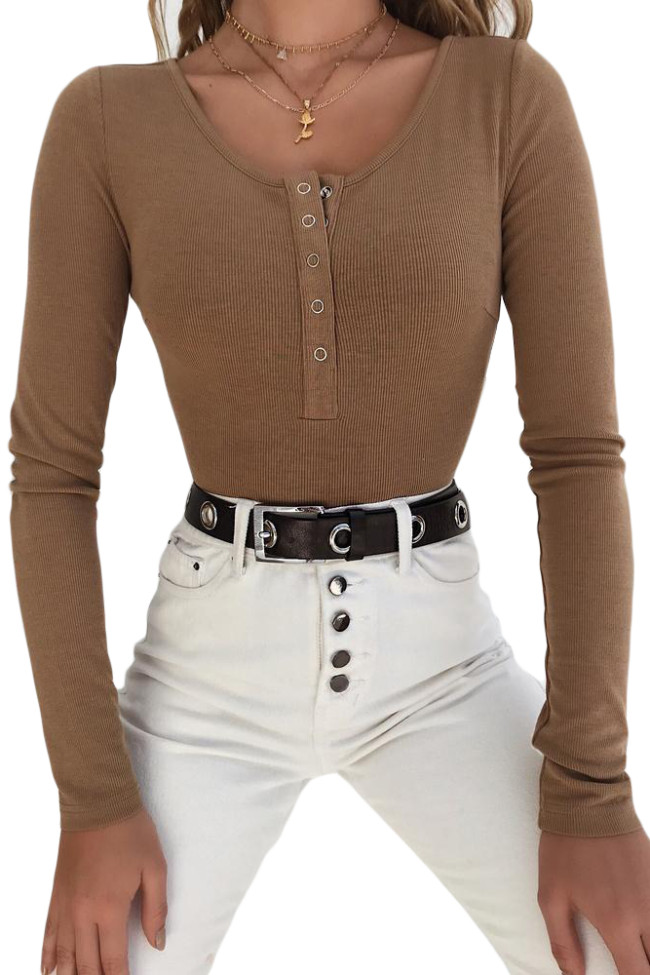 Khaki Long Sleeve Button Front Bodysuit