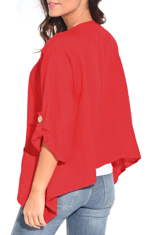 Red Roll Tab Sleeve Button Front Casual Shirt