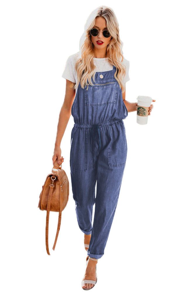 Dark Blue Denim Easygoing Drawstring Overalls