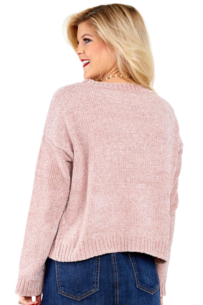 Pink Round Neck Velvet Cropped Sweater
