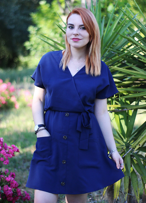 Blue Button Short Sleeve Casual Dress