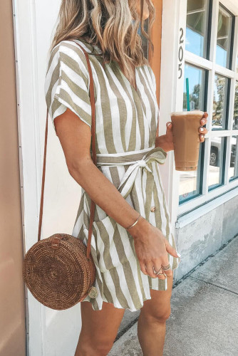 Khaki Fashion Stripe Short Sleeve Casual Dress