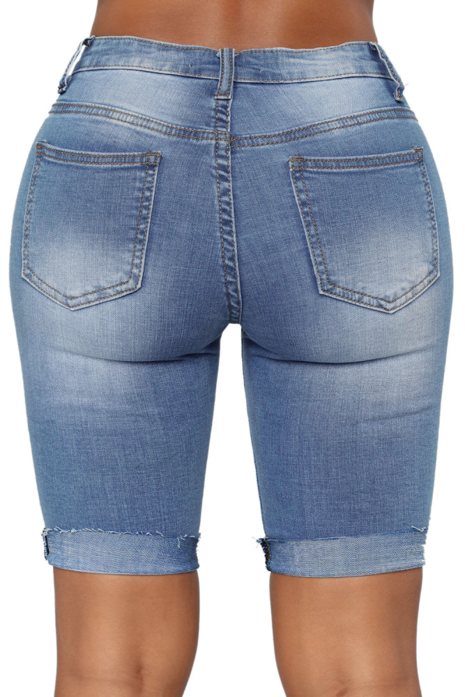 Turn Up Cuffs Above-knee Length Ribbed Jeans