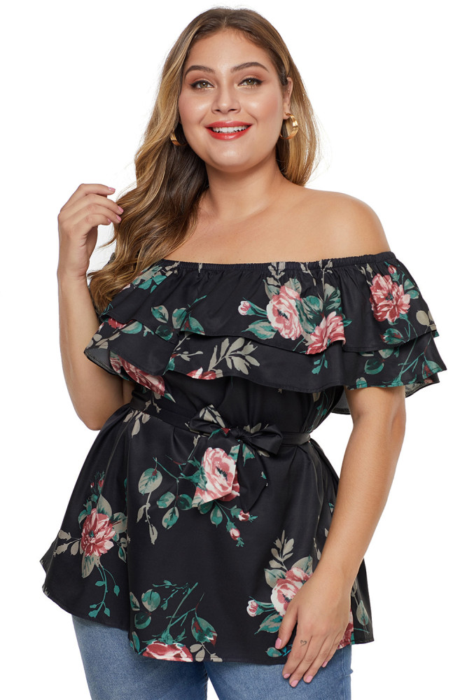 Black Plus Size Floral Tiered Off the Shoulder Top