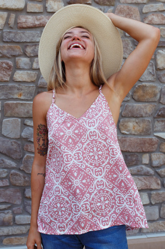 Pink Spaghetti Strap Boho Printed Holiday Camisole