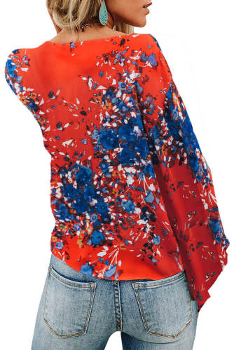 Orange V Neck Flared Sleeve Floral Blouse
