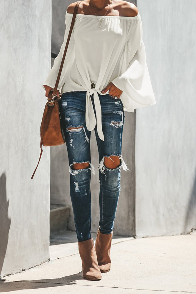 White Off The Shoulder Bell Sleeve Tie Blouse