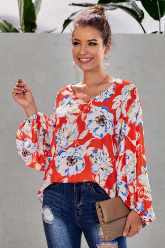 Orange Boho Print Balloon Sleeve Blouse
