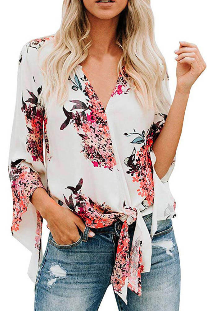 White V Neck Flared Sleeve Floral Blouse