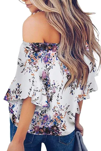 Purple Off Shoulder Floral Tie Front High Low Chiffon Blouse