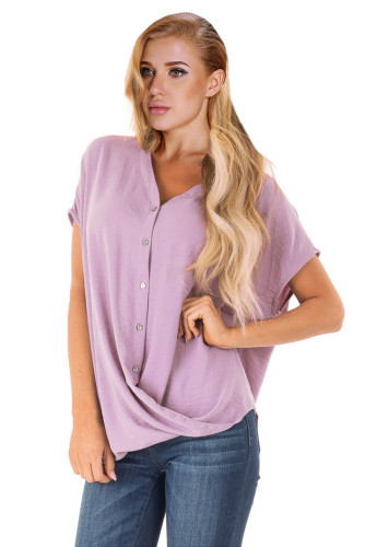 Pink Short Sleeve Button up Blouse with Twisted