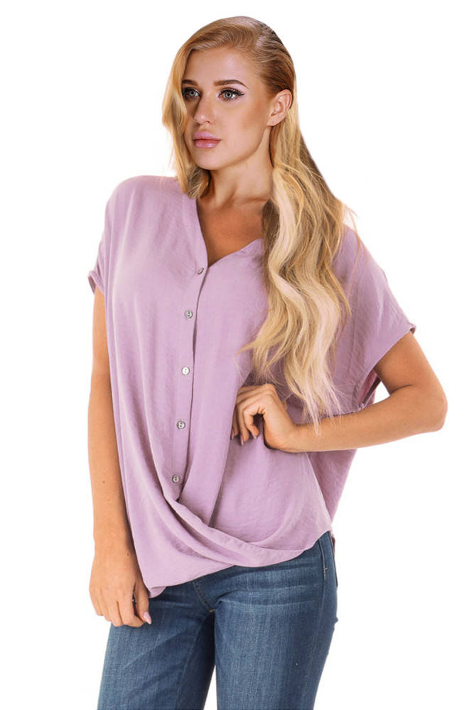 Pink Short Sleeve Button up Blouse with Twisted