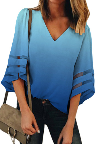 Blue Ombre Bell Sleeve V Neck Relaxing Fit Blouse