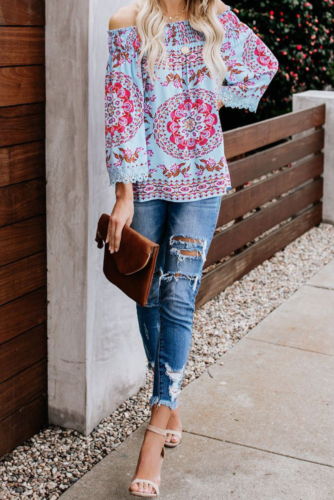 Blue Secret Escape Off The Shoulder Printed Top