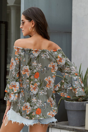 Gray Elasticised Neck Floral Print Blouse