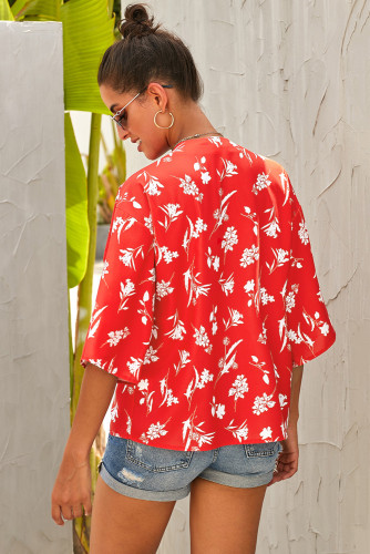 Red Floral Button Down Top