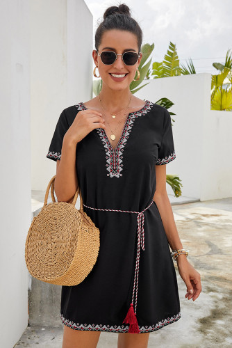 Black Summer Boho Embroidered V Neck Short Sleeve Casual Mini Dress