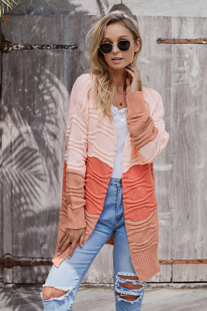 Pink Colorblock Knit Cardigan