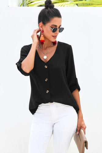 Black Button Down V Neck Sleeve Tie Shirt
