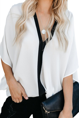 White Fashion Contrast Color V Neck Blouse