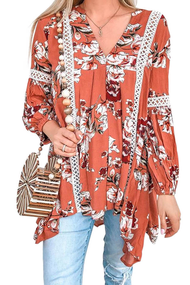 Orange Long Sleeve V Neck Hollow Out Boho Floral Blouse