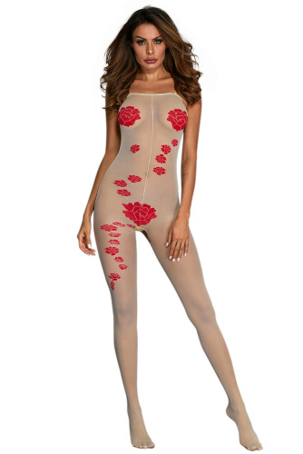 Red Flower Pattern White Bodystocking Lingerie