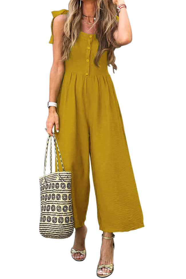 Yellow Button Down Sleeveless Wide Leg Jumpsuit