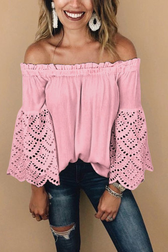 Pink Off The Shoulder Eyelet Sleeves Blouse