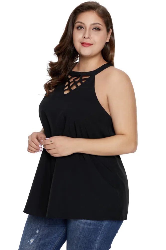 Plus Size Black Challis Goddess Lattice Tank