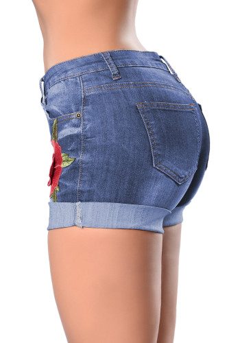 Rose Embroidered Turnup Cuff Blue Denim Shorts