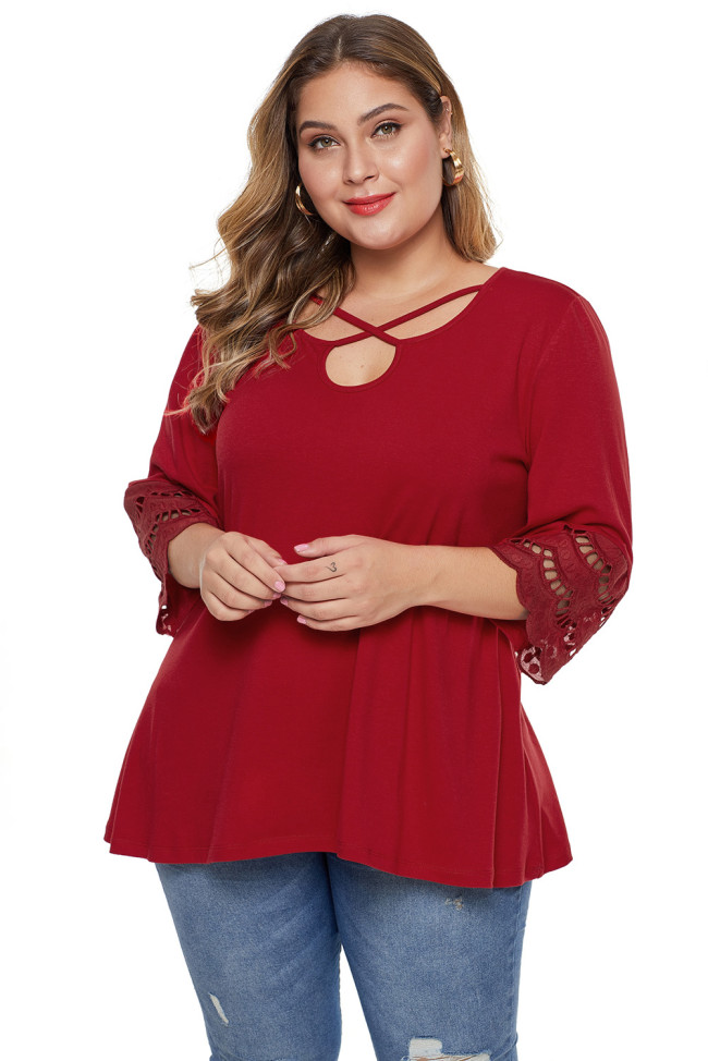 Red Plus Size Cutout Blouse Top