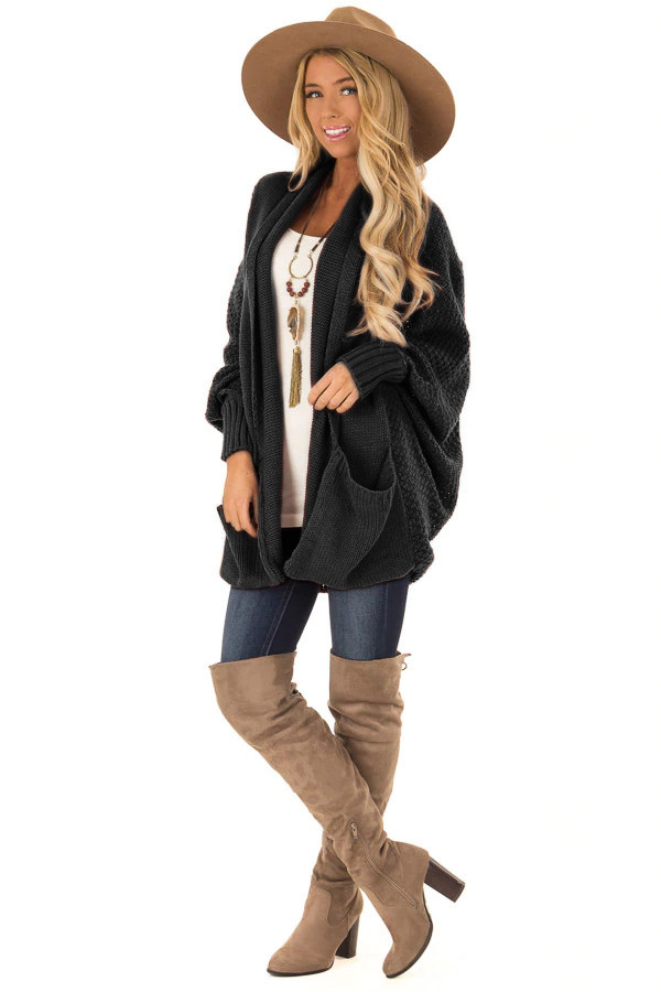 Black Patch Pockets Batwing Sleeve Cardigan