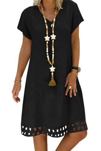 Black Short Sleeve V Neck A-Line Casual Shirt Dress