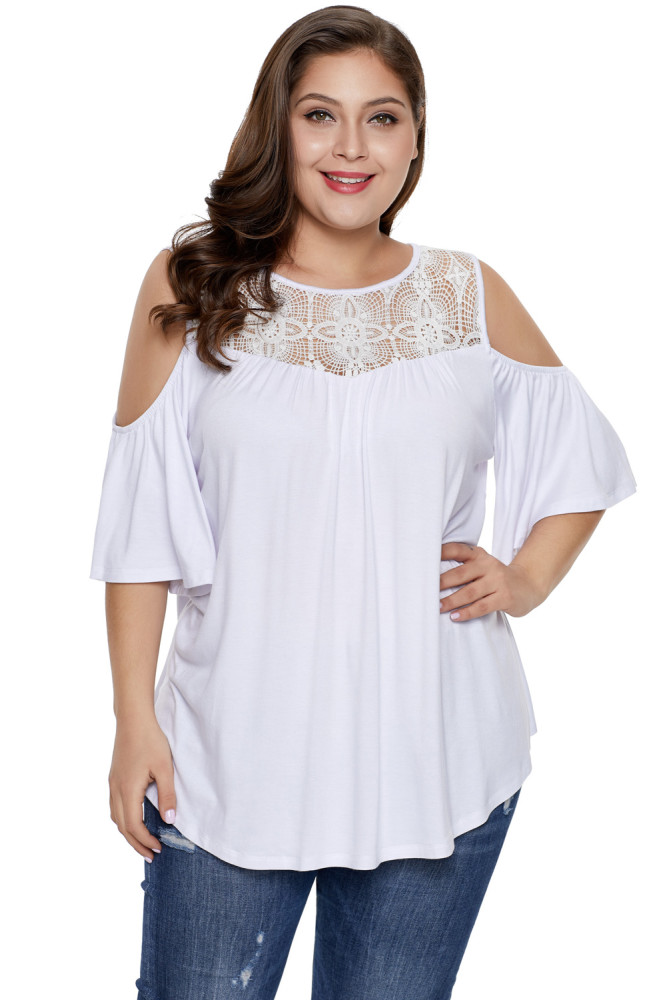 White Plus Size Crochet Yoke Cold Shoulder Top