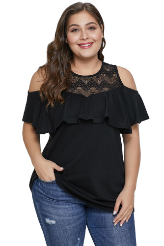 Black Lace Yoke Cold Shoulder Plus Size Top