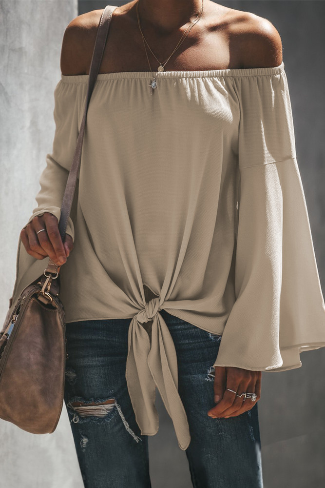 Apricot Off The Shoulder Bell Sleeve Tie Blouse