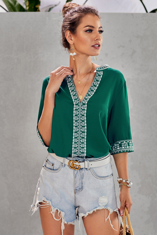 Green Chic Boho V Neckline Half Sleeve Blouse