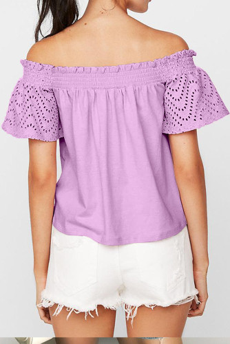 Pink Solid Shirring Off Shoulder Hollow out Top