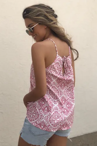 Pink Spaghetti Strap Boho Printed Holiday Camisole